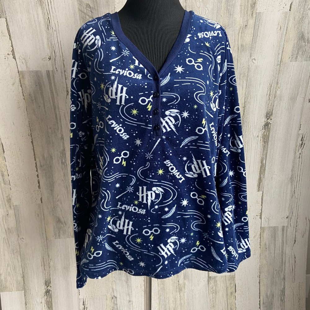 Harry Potter Size Large Fleece Pajama Top Long Sleeve Navy Blue